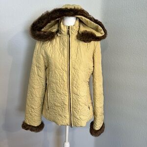 CAbi Quilted Faux Fur Jacket with Hood Mustard Yellow Medium